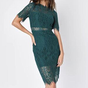 Lulus Green Lace Sheath Midi Dress Women’s Large Scalloped Hem Cocktail Formal